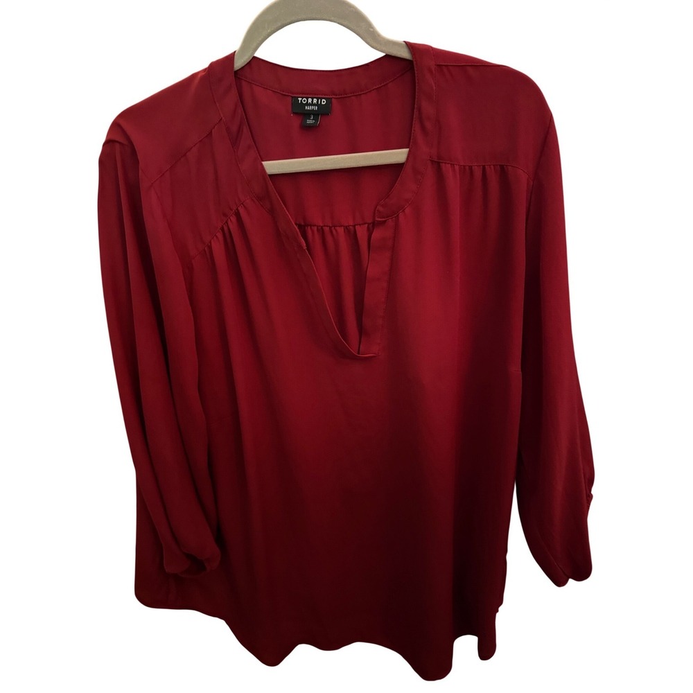 Torrid Harper Blouse Women‎ Size 3 Red Excellent V-Neck 3/4 Sleeve Georgette